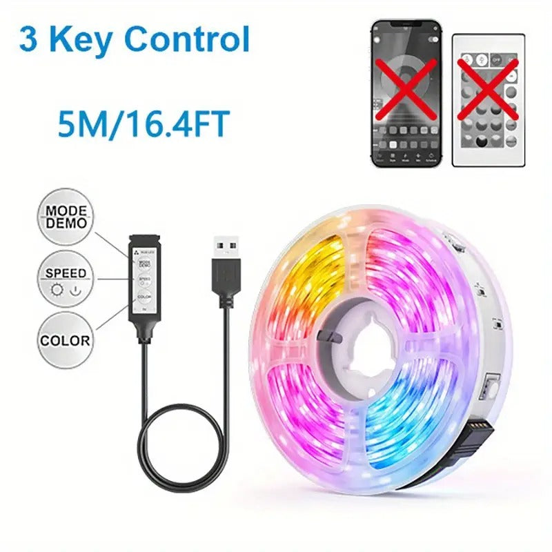1-30M 5V LED Light Strip Set 2835RGB Colorful USB 3-Key Control Music TV Background Atmosphere Light Strip