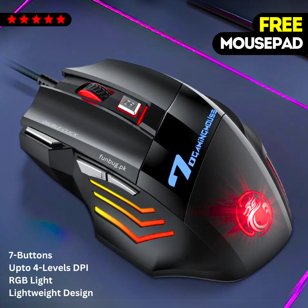 PRO Gaming Mouse RGB with 3200dpi - Breathing LED USB Wired Optical Computer Mouse with 6 Buttons & Braided Wire including Side Buttons - Mouse with FREE Mouse Pad for laptop, PC, Gaming & Office Use by FunBug