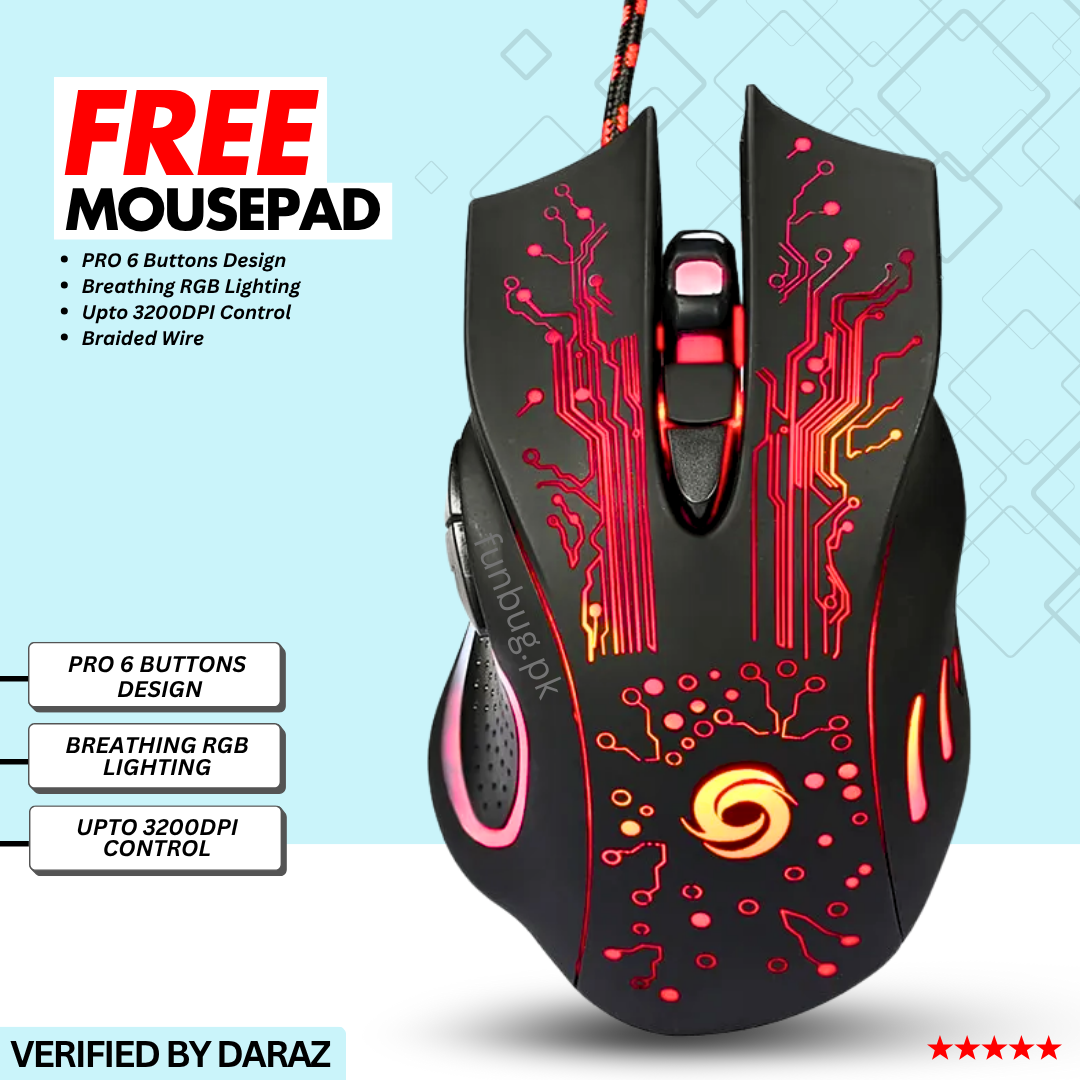 PRO Gaming Mouse RGB with 3200dpi - Breathing LED USB Wired Optical Computer Mouse with 6 Buttons & Braided Wire including Side Buttons - Mouse with FREE Mouse Pad for laptop, PC, Gaming & Office Use by FunBug