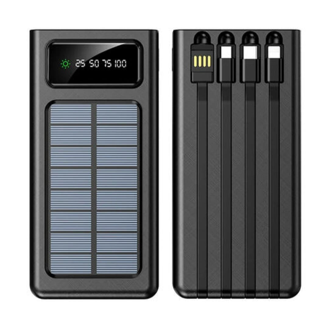 Solar Power Bank -Fast charging Power Bank -10000 mah Solar Power Bank With 4 Cable - Solar Powered Fast Charging - Fast charging supported -Compatible With , I phone ,Android And All Other Devices - Fast Supported Power Bank- 10000 MAH SOLAR POWER BANK.