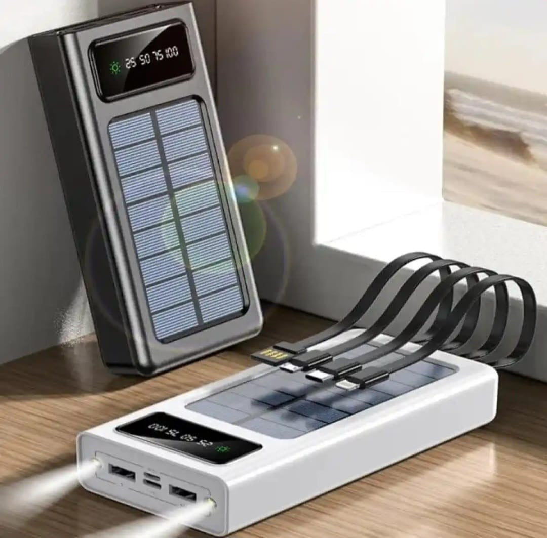 Solar Power Bank -Fast charging Power Bank -10000 mah Solar Power Bank With 4 Cable - Solar Powered Fast Charging - Fast charging supported -Compatible With , I phone ,Android And All Other Devices - Fast Supported Power Bank- 10000 MAH SOLAR POWER BANK.