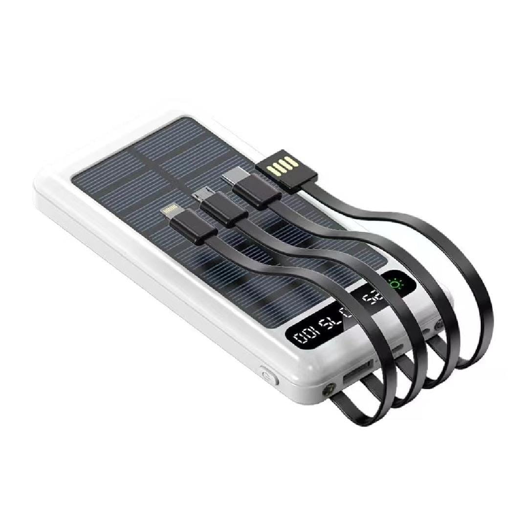 Solar Power Bank -Fast charging Power Bank -10000 mah Solar Power Bank With 4 Cable - Solar Powered Fast Charging - Fast charging supported -Compatible With , I phone ,Android And All Other Devices - Fast Supported Power Bank- 10000 MAH SOLAR POWER BANK.