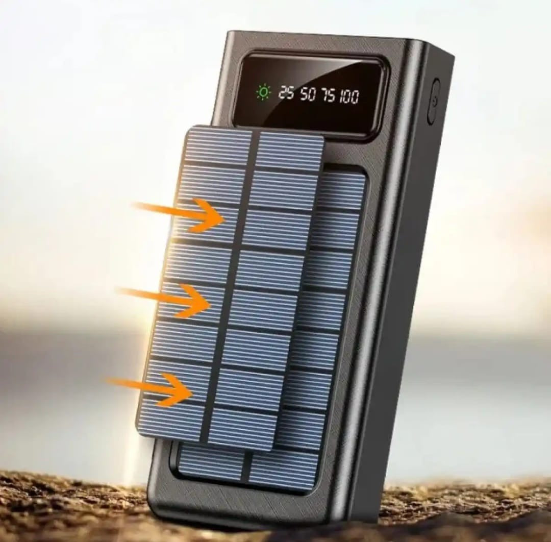 Solar Power Bank -Fast charging Power Bank -10000 mah Solar Power Bank With 4 Cable - Solar Powered Fast Charging - Fast charging supported -Compatible With , I phone ,Android And All Other Devices - Fast Supported Power Bank- 10000 MAH SOLAR POWER BANK.