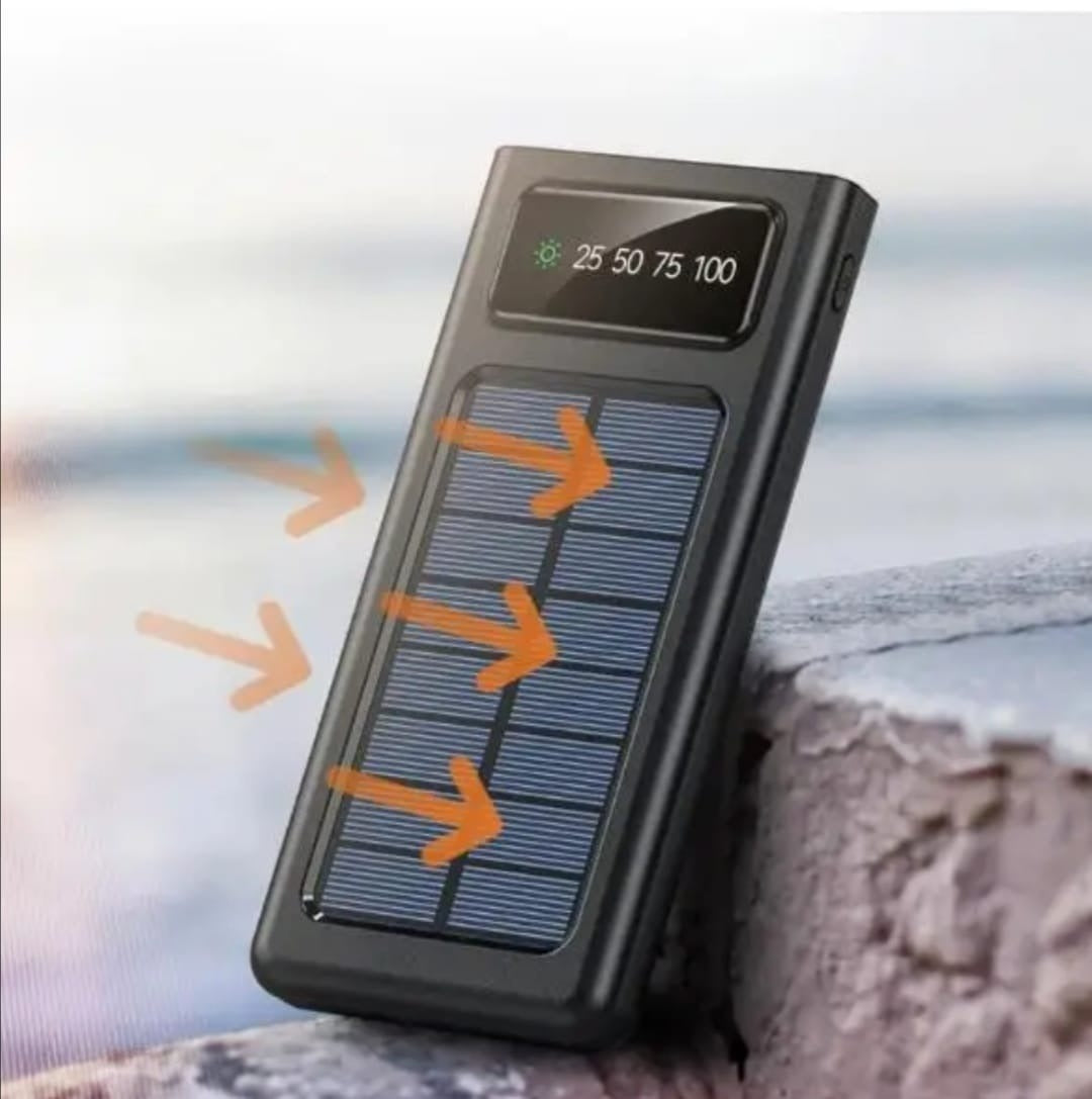 Solar Power Bank -Fast charging Power Bank -10000 mah Solar Power Bank With 4 Cable - Solar Powered Fast Charging - Fast charging supported -Compatible With , I phone ,Android And All Other Devices - Fast Supported Power Bank- 10000 MAH SOLAR POWER BANK.